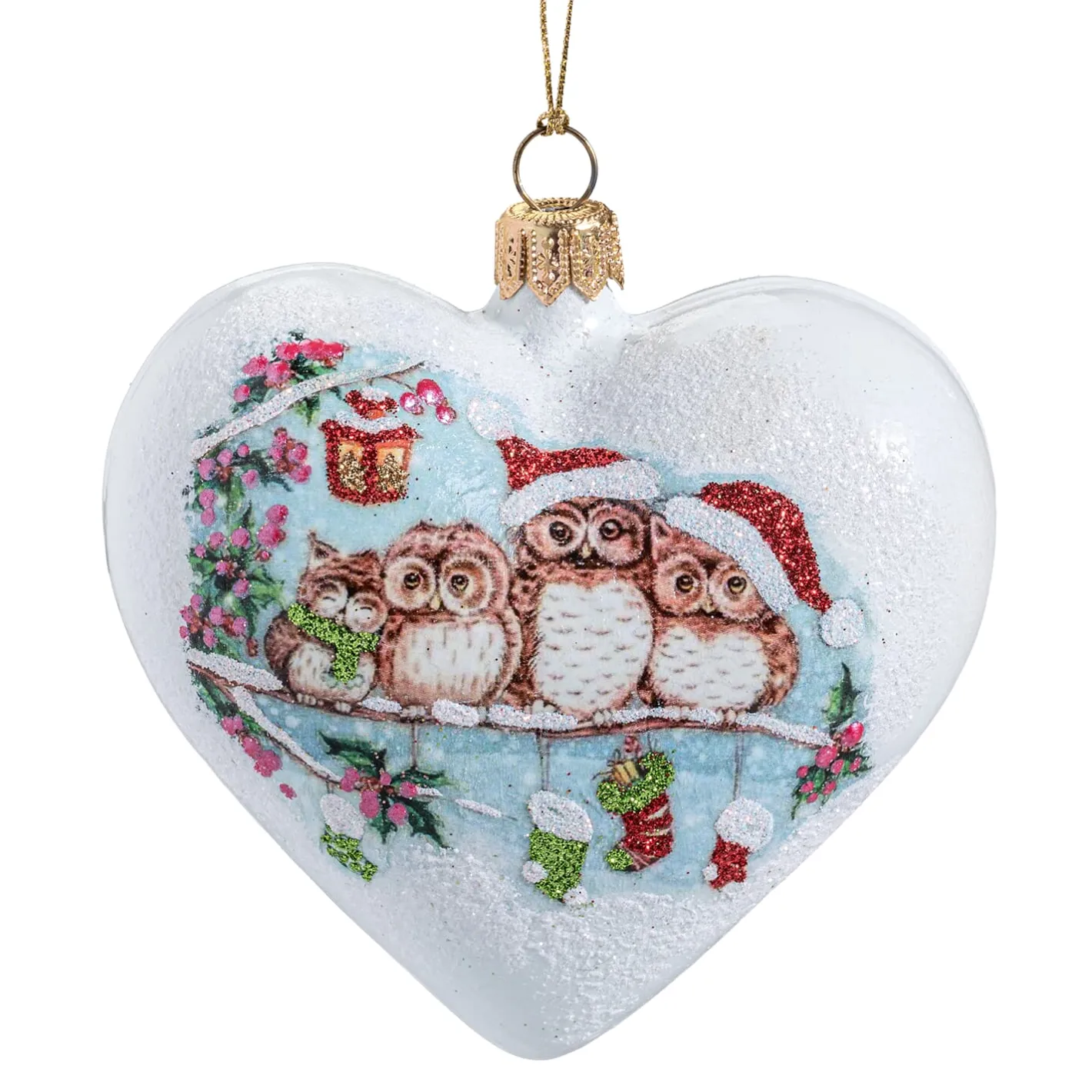 Glasherz weiß matt "Eulenweihnacht", 10 cm Discount