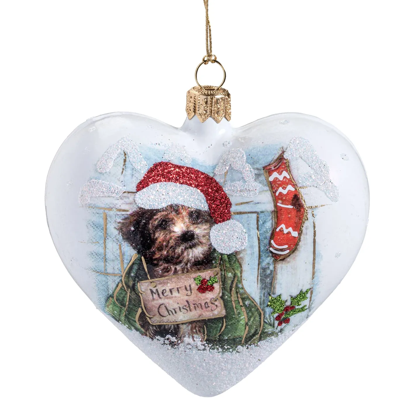 Glasherz weiß matt "Hundeweihnacht", 10 cm New