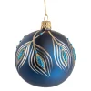 Glaskugel blau matt mit Pfauenfedern, 7 cm