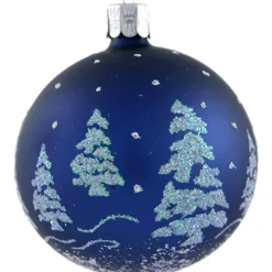 Glaskugel blau mit Glitzer Bäumen, 7 cm Hot
