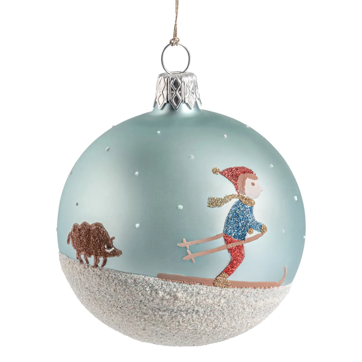 Glaskugel graublau matt mit Skifahrer, 7 cm Sale