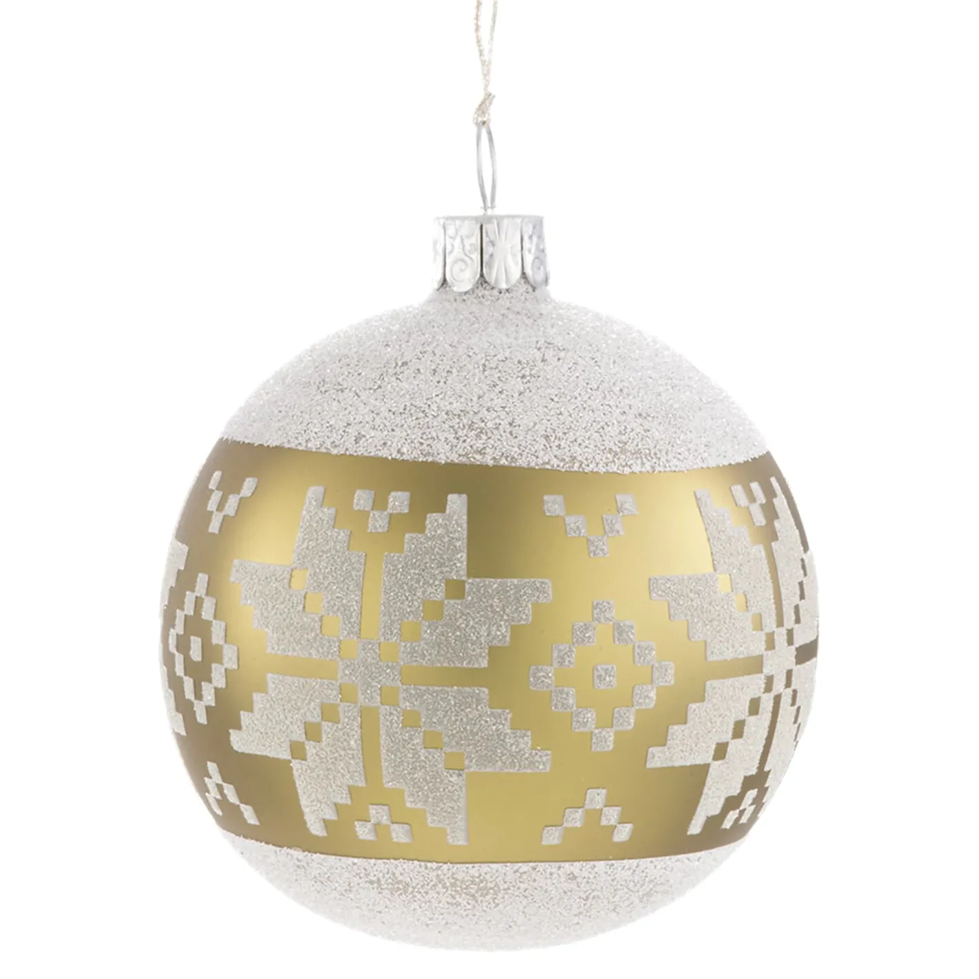 Glaskugel grün-gold mit weißem Muster, 7 cm New