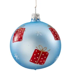 Glaskugel hellblau matt mit Geschenkmotiv, 7 cm Hot