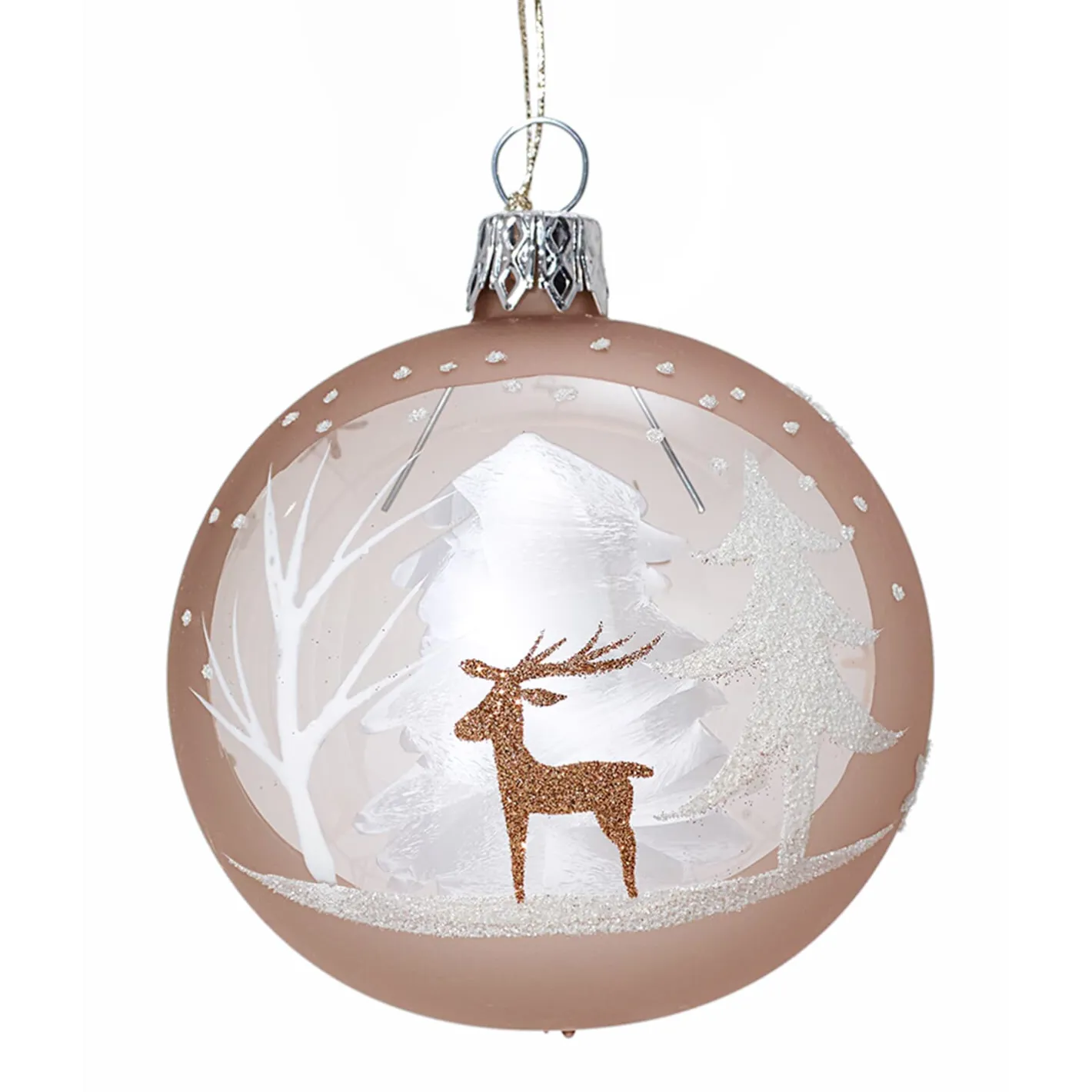 Glaskugel hellbraun mit Winterwald, 7cm Hot