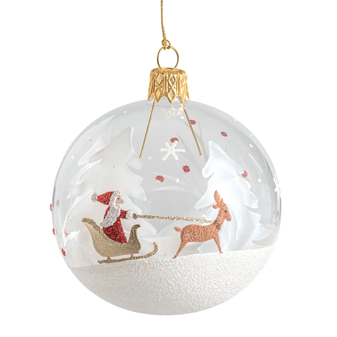 Glaskugel klar mit Weihnachtsmann im Schlitten, 7 cm Hot