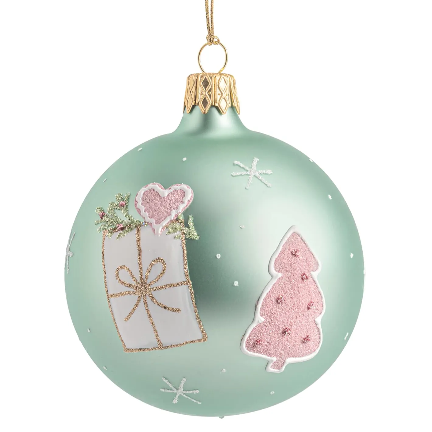 Glaskugel mint matt mit Geschenk und Baum, 7 cm Discount