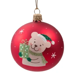 Glaskugel rot matt mit Bär mit Geschenk, 7 cm Best