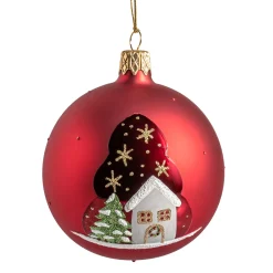 Glaskugel rot matt/lack mit Winterhaus, 7 cm Best