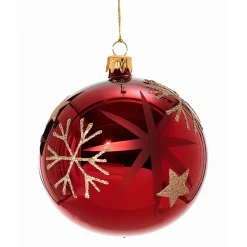 Glaskugel rot mit goldenen Sternen und Flocken, 10cm Discount