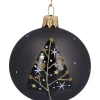 Glaskugel schwarz matt mit Baum, 7 cm