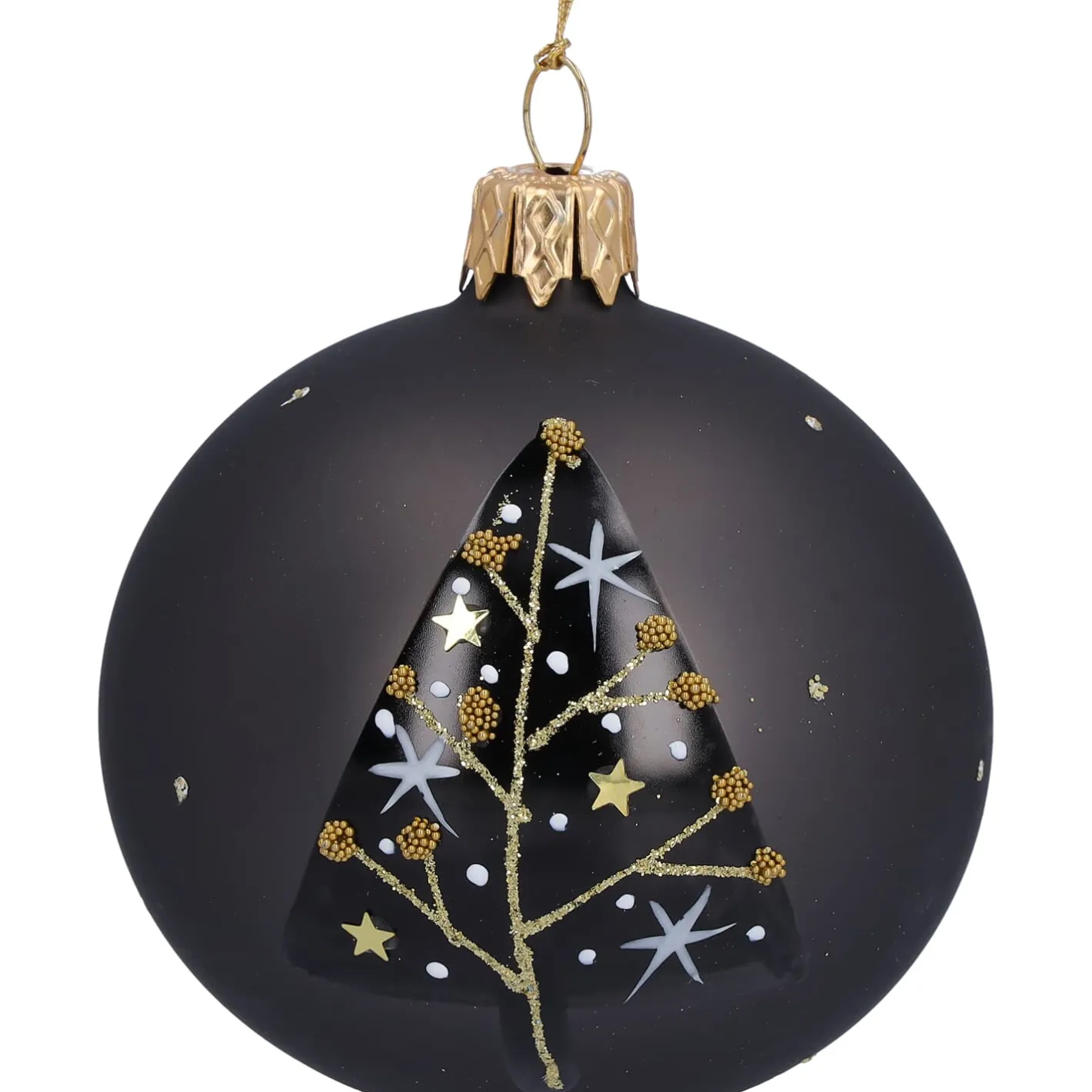 Glaskugel schwarz matt mit Baum, 7 cm