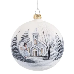 Glaskugel weiß matt mit Kirche und Engel, 10 cm Outlet