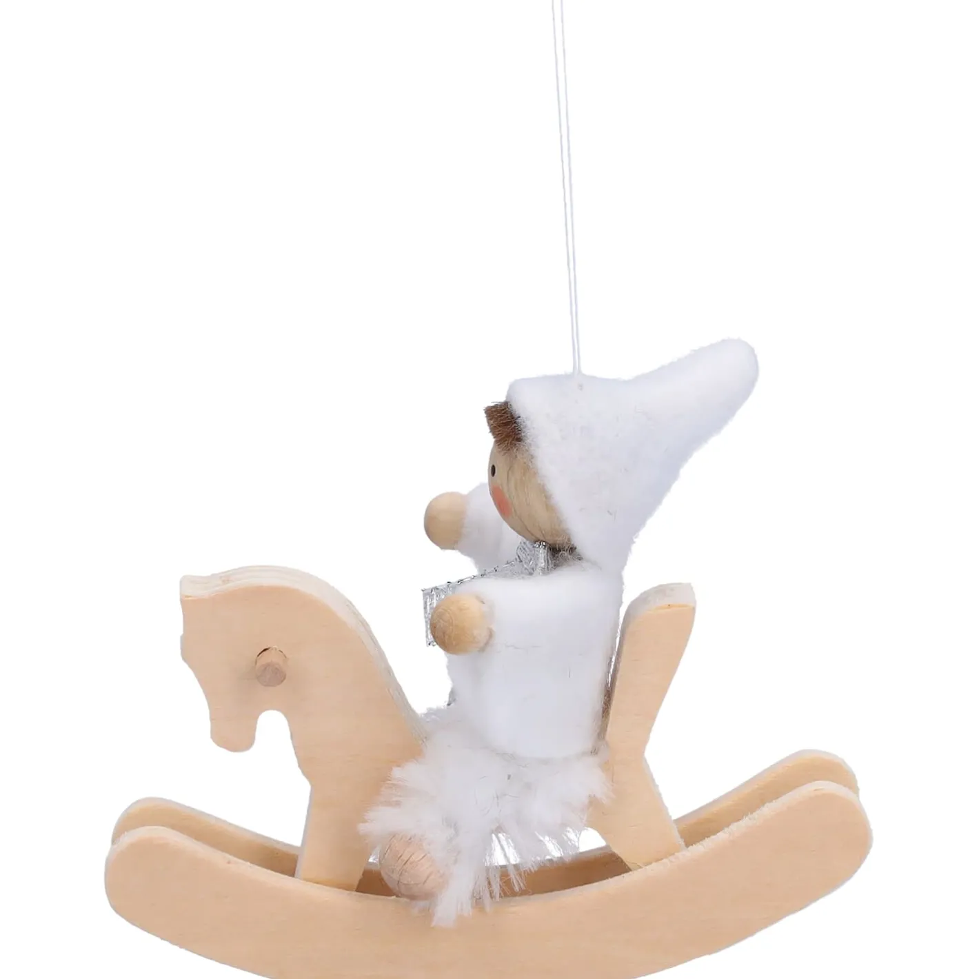 Käthes Original Weihnachtswichtel auf Schaukelpferd, weiß, Holz-Baumbehang Discount