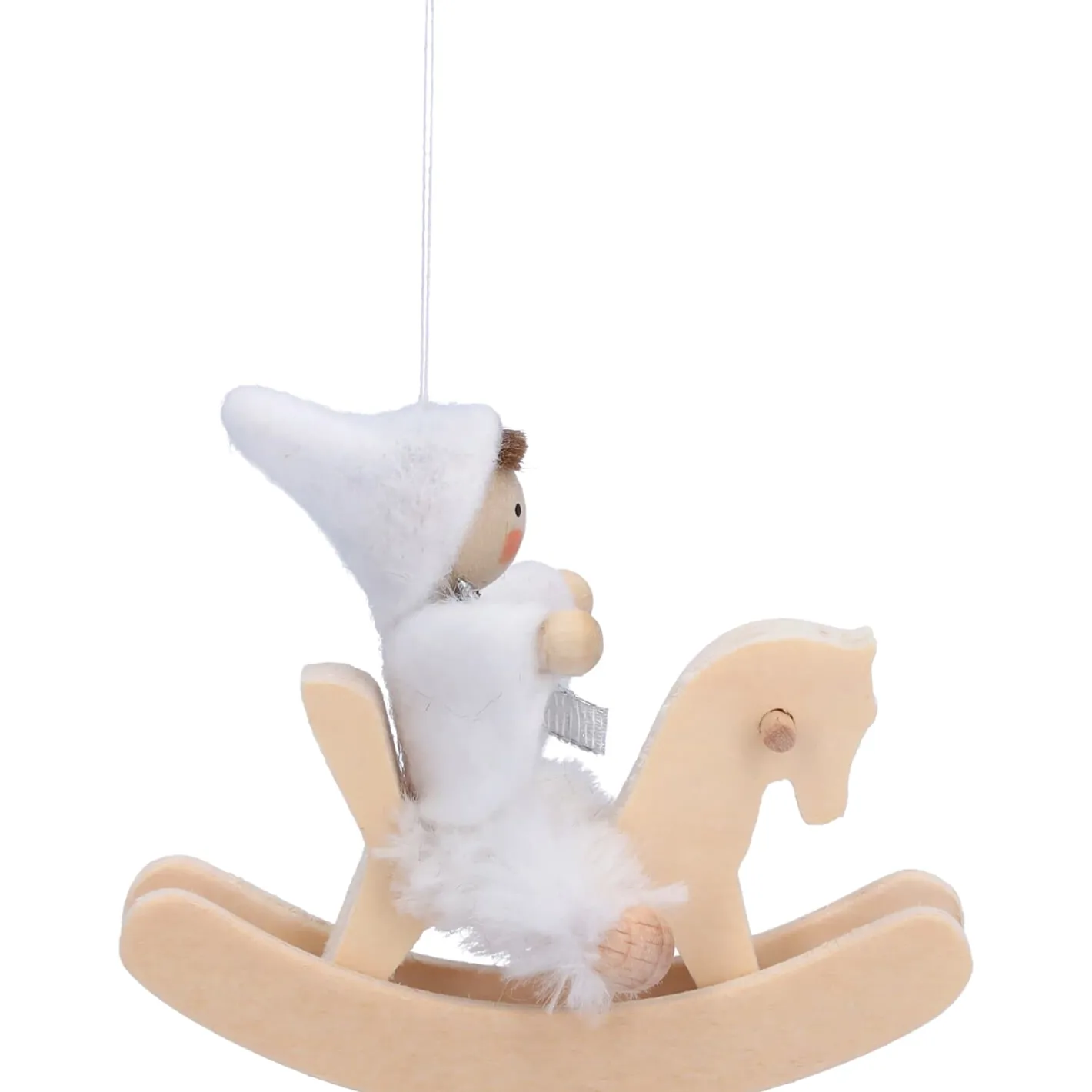 Käthes Original Weihnachtswichtel auf Schaukelpferd, weiß, Holz-Baumbehang Discount