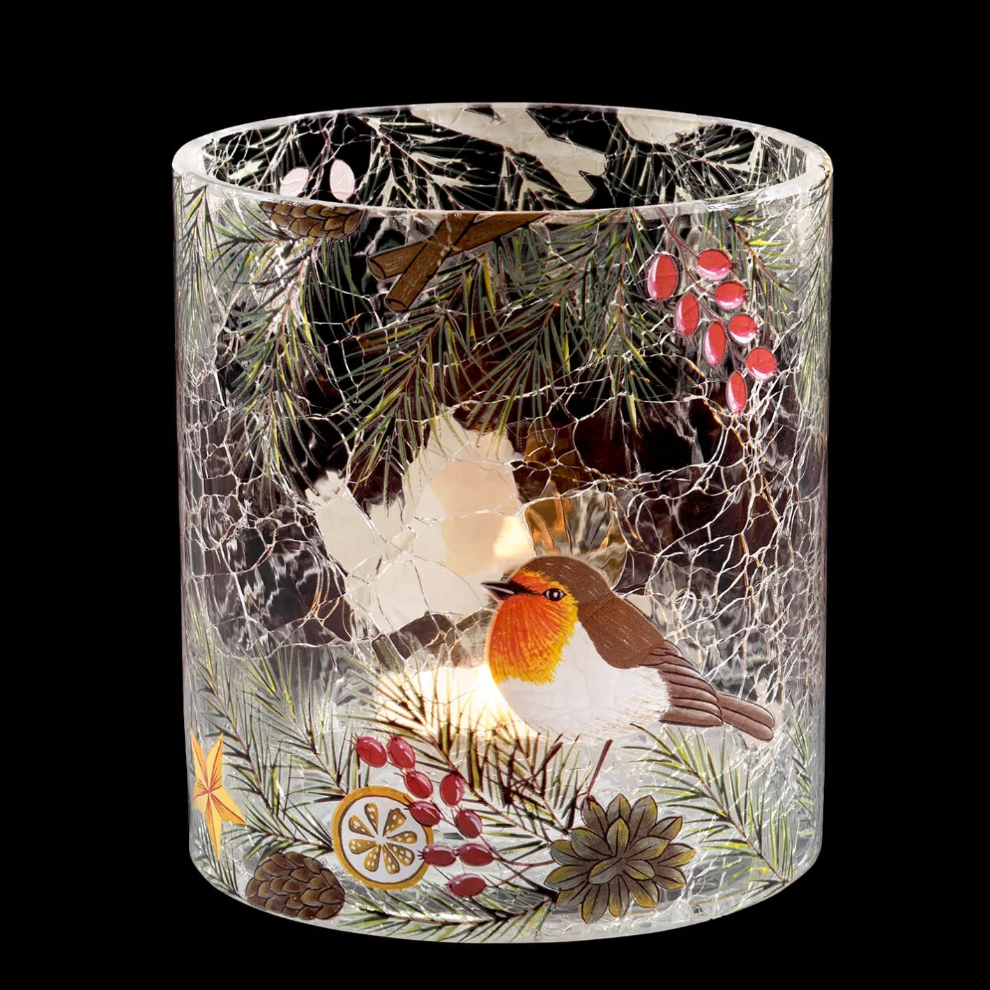 Windlicht "Rotkehlchen auf Weihnachtszweig", 10 cm Best